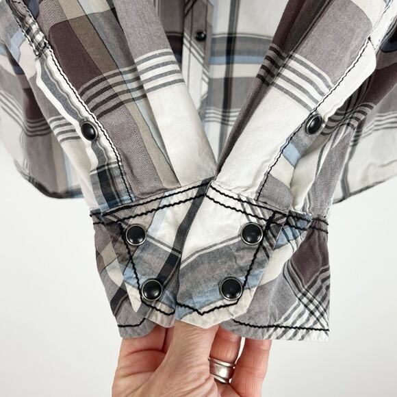 BKE Mens Casual Pearl Snap Shirt Western Plaid Slim Stretch White Gray Medium - Picture 5 of 7